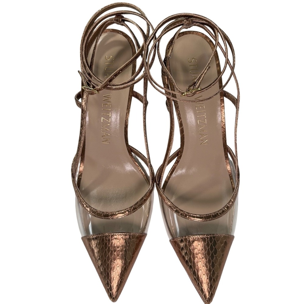 Stuart Weitzman Rose Gold Metallic Snakeskin PVC Ankle Strap Pumps Heels‎ 7.5